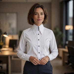 Może przedstawiać: Biała koszula zapinana na guziki z charakterystycznym wysokim kołnierzem i długimi rękawami. Koszula ma czarne guziki i dopasowany kr&oacute;j. Kołnierz ma unikalny, spiczasty design. Koszula jest połączona z ciemnoszarymi spodniami, tworząc profesjonalny wygląd.