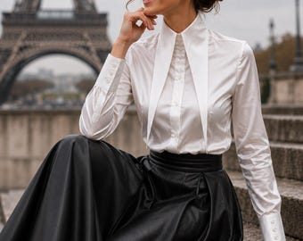 High 10 Inch Long Pointed Collar Women White Silk Shirt 70's Large Collar Gangster Big Vintage Shirt Lagerfeld Style Tall Neck Collar