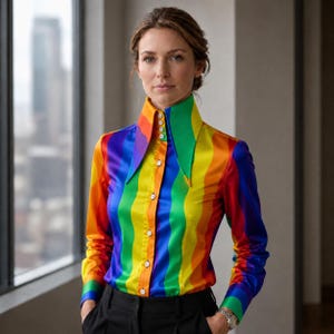 Camicia da donna alta 7 pollici con colletto a punta, in seta, a righe arcobaleno, stile anni '70, colletto ampio, stile gangster, camicia vintage, stile Karl Lagerfeld