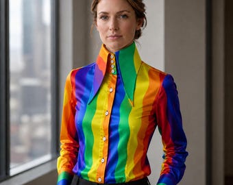 High 7 Inch Long Pointed Collar Shirt Women Silky Rainbow Stripes Shirt 70's Large Collar Gangster Big Vintage Shirt Karl Lagerfeld Style