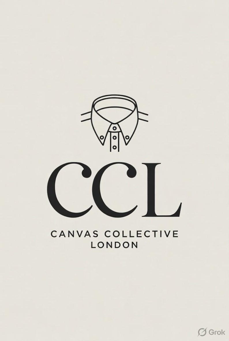 Może przedstawiać: Logo Canvas Collective London, z czarnym rysunkiem linii kołnierzyka koszuli nad literami "CCL". Tekst "Canvas Collective London" znajduje się poniżej, w czcionce bezszeryfowej, na kremowym tle.