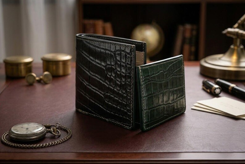 Pu&ograve; includere: Due portafogli in pelle, uno nero e uno verde, con una trama a pelle di coccodrillo, sono su una scrivania di legno. Un orologio da tasca, gemelli e penne sono anche sulla scrivania. I portafogli sono un accessorio classico.