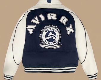 Avirex Legend Leather Jacket Men Blue Varsity Bomber Flight Jacket Classic American Style Coat