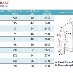 May include: A men's size chart with measurements in inches. The chart details chest size, jacket size, and sleeve length, with a diagram showing how to measure chest circumference and sleeve length.