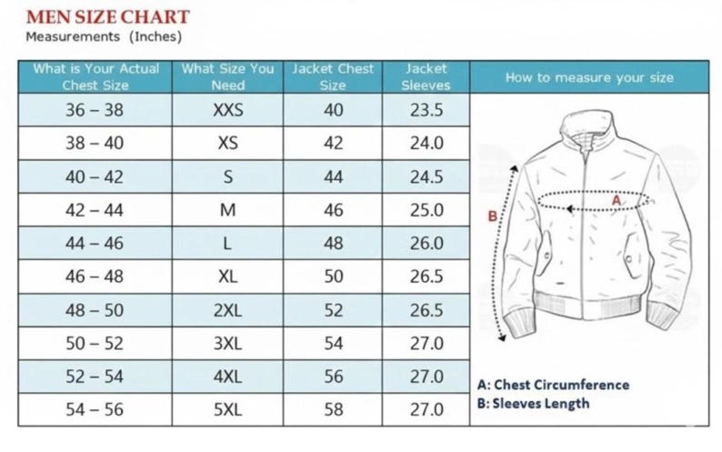 May include: A men's size chart with measurements in inches. The chart details chest size, jacket size, and sleeve length, with a diagram showing how to measure chest circumference and sleeve length.