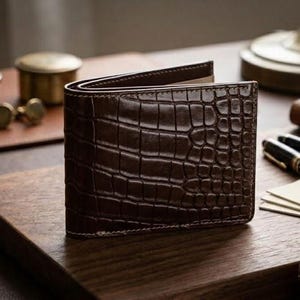 Portafoglio bifold in pelle di alligatore e pitone fatto a mano – accessorio di lusso in pelle esotica BROWN