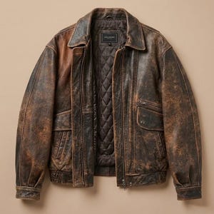 May include: A distressed brown leather jacket with a collared neckline, two front pockets, and a quilted interior lining. The jacket has a zip closure and a weathered appearance, suggesting vintage styling.