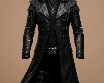 Trench in pelle nera da uomo: soprabito autentico in stile motociclista gotico