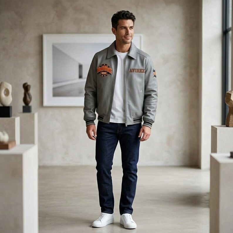 May include: A light gray leather bomber jacket with a collar, front zipper, and ribbed cuffs, featuring an orange and black circular patch on the chest and the text AVIREX on the left side, worn over a white t-shirt and dark blue denim jeans.