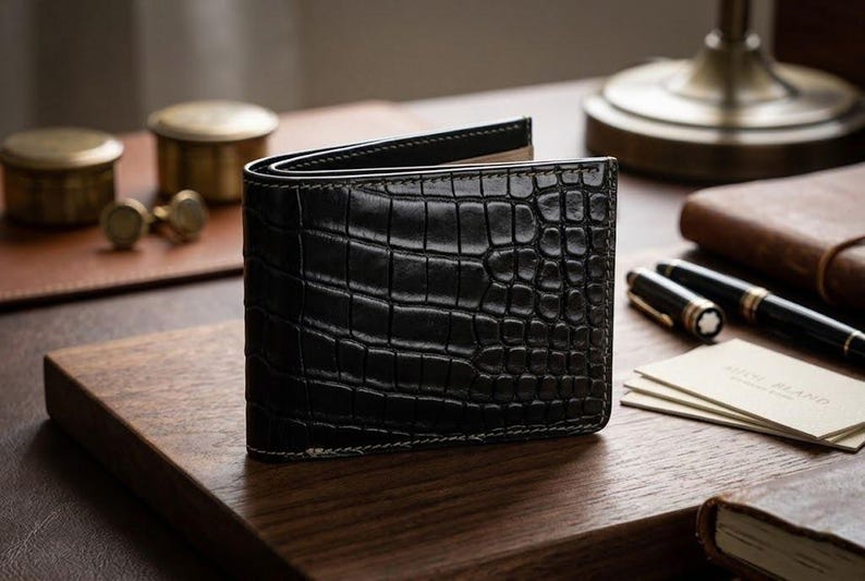 Pu&ograve; includere: Portafoglio in pelle nera con texture a pelle di coccodrillo, aperto. Il portafoglio &egrave; su una superficie di legno, con una lampada da scrivania, penne e biglietti da visita sullo sfondo.