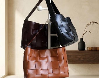 Borsa a tracolla grande in pelle intrecciata a mano da donna, borsa a tracolla in pelle di vacchetta intrecciata, borsa a mano in morbida pelle