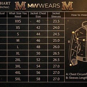 May include: A black size chart for jackets with gold text and lines. The chart displays columns for actual chest size, size needed, jacket chest size, and sleeve length in inches. A line drawing of a jacket illustrates how to measure chest and sleeves.
