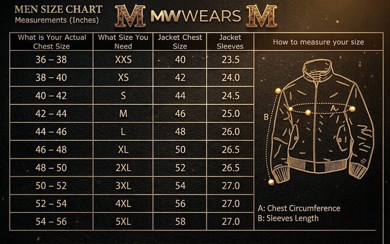 May include: A black size chart for jackets with gold text and lines. The chart displays columns for actual chest size, size needed, jacket chest size, and sleeve length in inches. A line drawing of a jacket illustrates how to measure chest and sleeves.