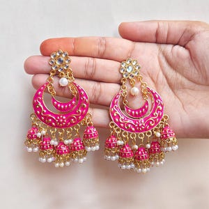 Pink Kundan Jhumka Earrings for Women, Meenakari Jhumki Earring, Ethnic Chandbali Style Earrings