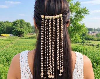 Bridal Gold High Quality Kundan Hair Accessory Meenakari Lotus Hair Chain Accessories Traditional Indian Hair Jewelry Headpiece Gift