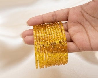 Set di bracciali in vetro giallo, Kashmiri Churiya, bracciali per la cerimonia Haldi, braccialetti da sposa, gioielli indiani, regalo