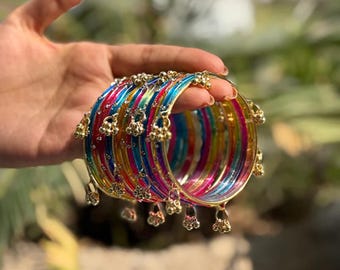 Multicolor Kashmiri Bangles set, rainbow glass Churiya for bridal, Trending gold Ghungroo Bangle Gifts