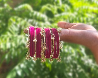 Dark Pink Velvet Bangles Set, Gold Ghungroo Raindrop Bangle, Bridal Jewelry, Gift for Her