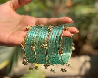 Braccialetti Ghungroo turchese Kashmir set Bracciale Ghungroo in argento dorato Churiya pakistano per abiti da sposa