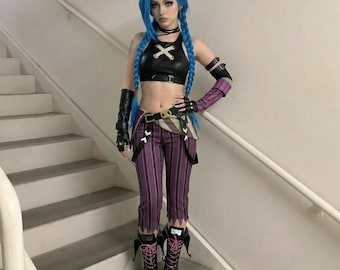Conjunto de disfraz de cosplay de Jinx, atuendo arcano de League of Legends para mujer, estilo bufón de anime, conjunto completo.
