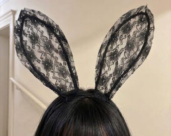 Black Lace Bunny Ears Headband for Women, Gothic Rabbit Ear Hair Accessory, Halloween Bunny Costume Ears, Bachelorette Party Headpiece