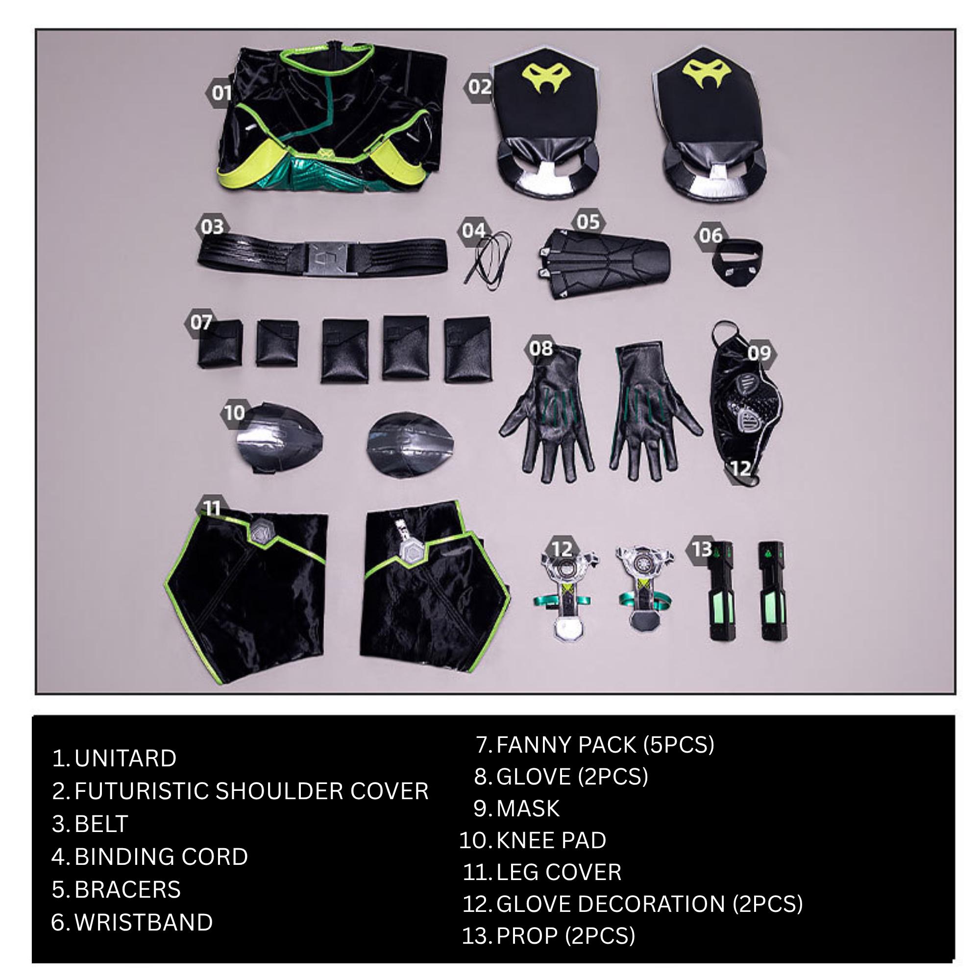 May include: A complete black and green costume set, including a unitard, shoulder covers, belt, bracers, gloves, mask, and other accessories. The set features a futuristic design with neon green accents and is laid out on a white surface.