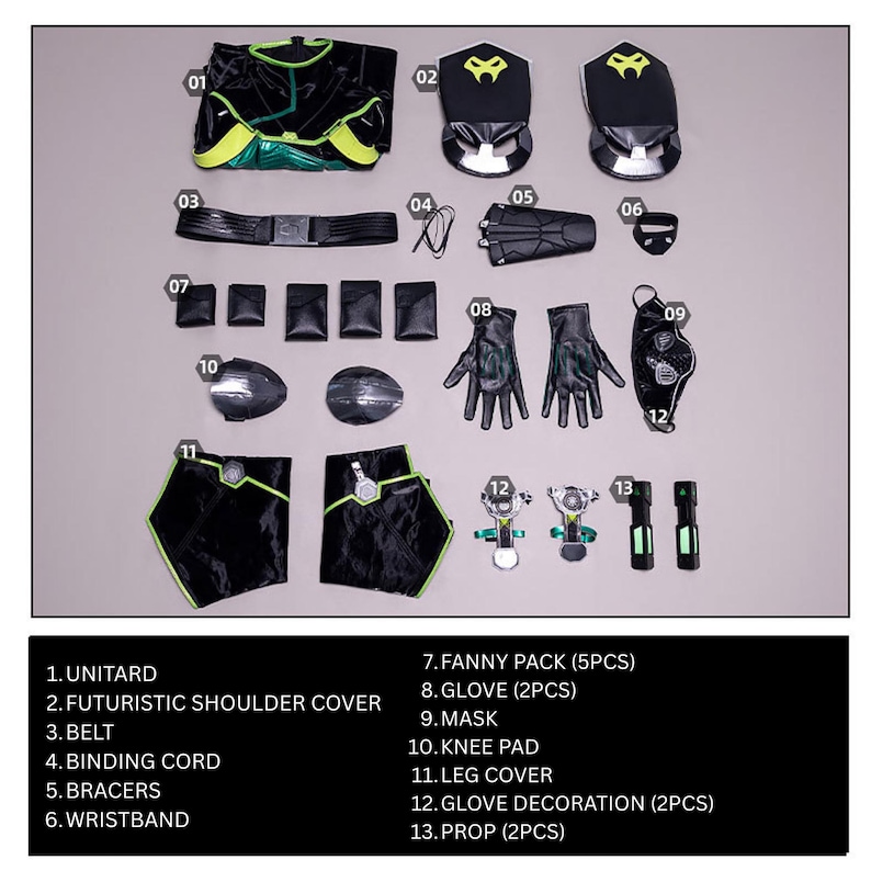 May include: A complete black and green costume set, including a unitard, shoulder covers, belt, bracers, gloves, mask, and other accessories. The set features a futuristic design with neon green accents and is laid out on a white surface.