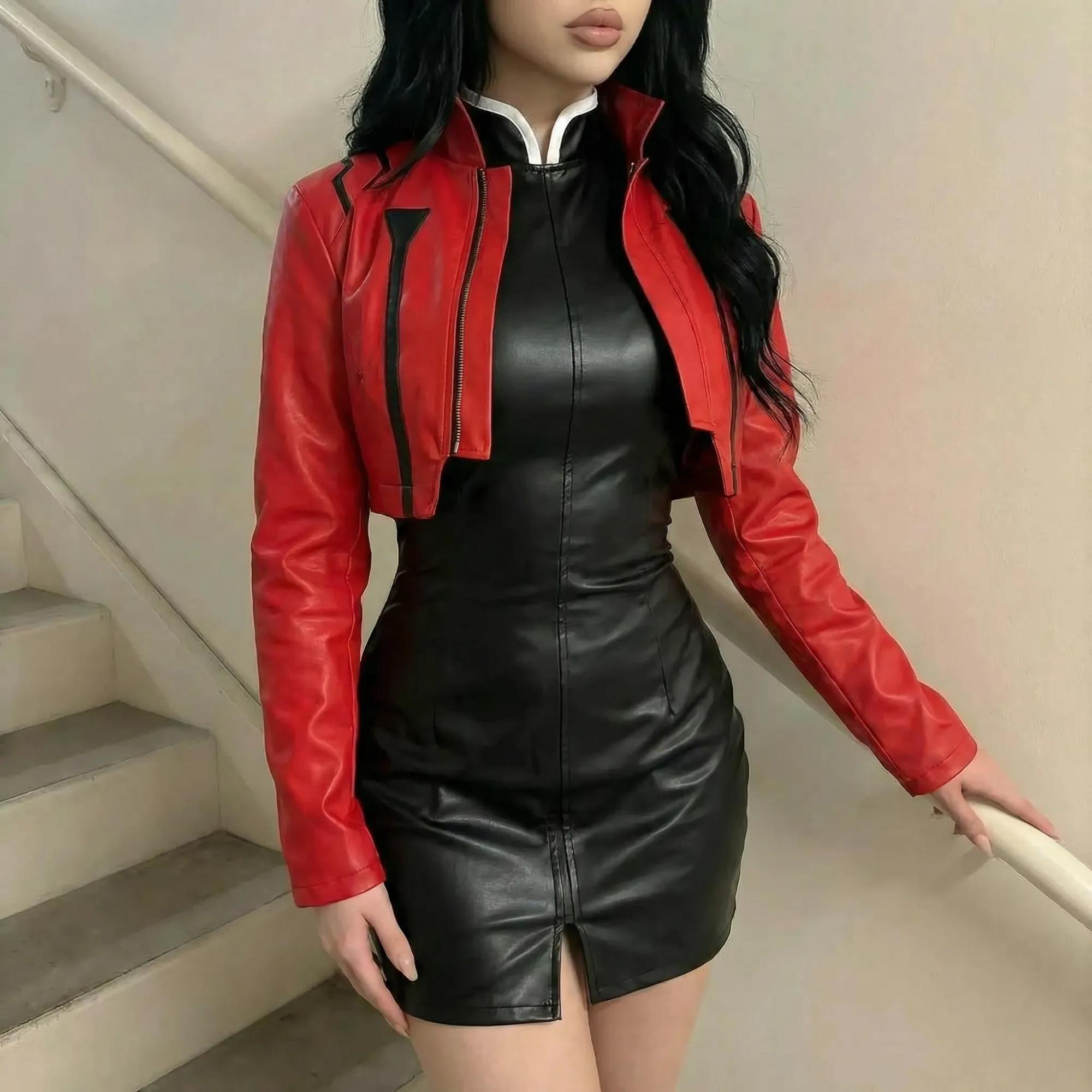 knee length dresses for ladies Red Plaid Dress with Black Leather Jacket main image 1