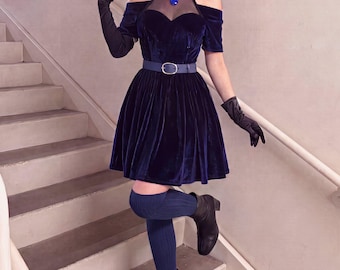 Navy Velvet Gothic Dress for Women Off Shoulder Belted Dress Halloween Party Outfit Cosplay Costume Idea Gift for Witchy Teen