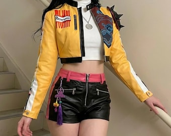 Rumi Cosplay Costume for Women, Yellow Jacket Set, Y2K Moto Jacket and Leather Shorts, Halloween Cosplay Gift for Teen Girl