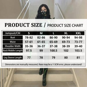 May include: Product size chart for a jumpsuit, with measurements in centimeters. The chart includes sizes S, M, L, XL, and XXL, detailing bust, waist, shoulder width, back middle length, and leg sleeve length. The text states that measurements may have a 1-3cm error.