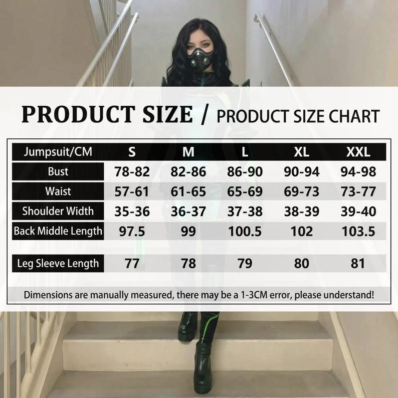 May include: Product size chart for a jumpsuit, with measurements in centimeters. The chart includes sizes S, M, L, XL, and XXL, detailing bust, waist, shoulder width, back middle length, and leg sleeve length. The text states that measurements may have a 1-3cm error.