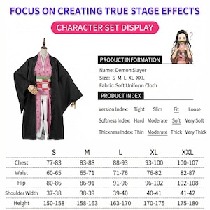 Puede incluir: Una exhibici&oacute;n del conjunto de personajes de Demon Slayer con un kimono negro con un dise&ntilde;o rosa y blanco. La imagen incluye informaci&oacute;n del producto, opciones de tallas (S-XXL) y una tabla de tallas con medidas en cent&iacute;metros.