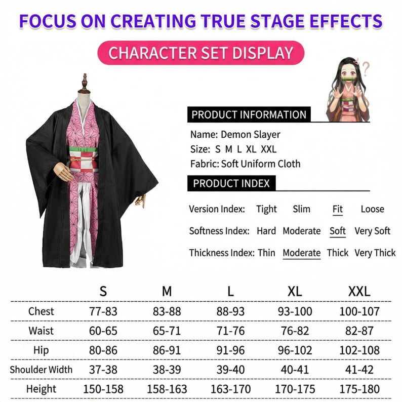 Puede incluir: Una exhibici&oacute;n del conjunto de personajes de Demon Slayer con un kimono negro con un dise&ntilde;o rosa y blanco. La imagen incluye informaci&oacute;n del producto, opciones de tallas (S-XXL) y una tabla de tallas con medidas en cent&iacute;metros.