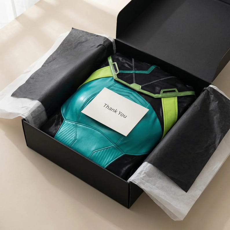 May include: A black box with a teal and black item inside, lined with black and white tissue paper. The item has teal, black, and lime green accents. A white card with "Thank You" is placed on top.