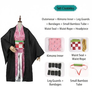 Puede incluir: Un conjunto de cosplay completo que incluye una prenda exterior negra, un kimono interior rosa y blanco, protectores de piernas, vendas, un peque&ntilde;o tubo de bamb&uacute;, un sello de cintura, una cuerda de cintura y una diadema. El kimono tiene un patr&oacute;n geom&eacute;trico.