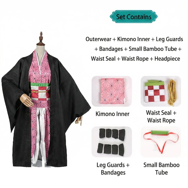 Puede incluir: Un conjunto de cosplay completo que incluye una prenda exterior negra, un kimono interior rosa y blanco, protectores de piernas, vendas, un peque&ntilde;o tubo de bamb&uacute;, un sello de cintura, una cuerda de cintura y una diadema. El kimono tiene un patr&oacute;n geom&eacute;trico.