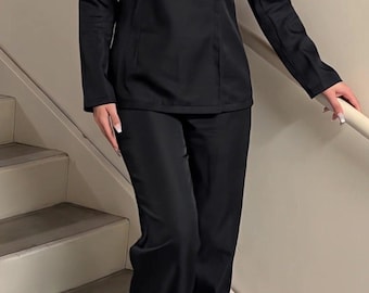 Chef Coat for Women Men Kitchen Uniform for Work Spa Outfit for Esthetician Gift for Chef Polyester Jacket Pants Set for Restaurant Staff