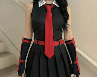 Akame Cosplay Costume for Women, Akame ga Kill Anime Outfit, Black Pleated Skirt Red Tie and Arm Sleeves Set, Halloween Cosplay Gift for Her