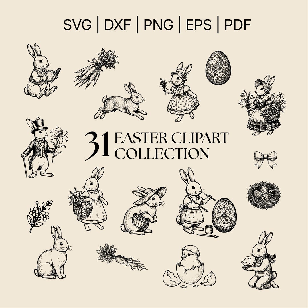 Easter Bunny Clipart Collection, Hand Drawn Line Art (digital Download ...