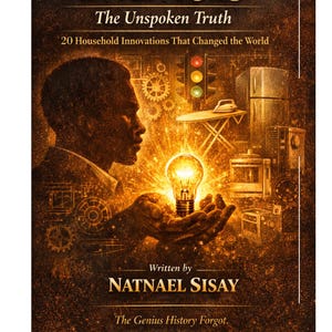 Puede incluir: Portada del libro "Black Genius Inventors" de Natnael Sisay. La portada presenta la silueta de una persona sosteniendo una bombilla brillante, con imágenes de inventos y el texto "The Unspoken Truth" y "20 Household Innovations That Changed the World".