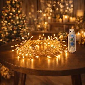 Pode incluir: Uma imagem acolhedora de uma sequência de pequenas luzes LED brancas quentes enroladas numa superfície de madeira. Uma unidade de controlo alimentada por USB é visível, sugerindo um produto de iluminação decorativa. O fundo apresenta uma árvore de Natal e outras luzes suaves.