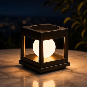 May include: A square, matte black metal lantern frame featuring an open-sided design with a circular top opening. Inside the frame sits a single, glowing, spherical white light bulb that emits a warm, soft illumination across the surface.