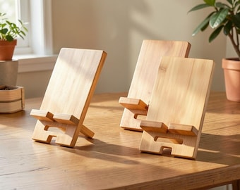 Wooden Phone Stand for Desk — Solid Wood Phone Holder with Cable Slot, Two Piece Interlocking Dock — Minimalist Office Decor, Father's Gift