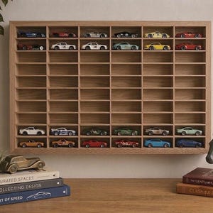 Hot Wheels Display Case, 60 Slot Wooden Wall Mounted Storage Rack, Diecast Car Organizer for 1:64 Scale, Man Cave Gift for Him