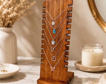 Wooden Necklace Display Stand — Walnut & Natural Wood Jewelry Organizer, Multi-Slot Chain Holder — 2 Sizes, Boutique and Photography Prop