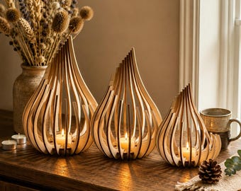 Natural Birch Wood Lantern Set | Boho Laser Cut Shadow Decor | Rustic Table Centrepiece Candle Holder Gift