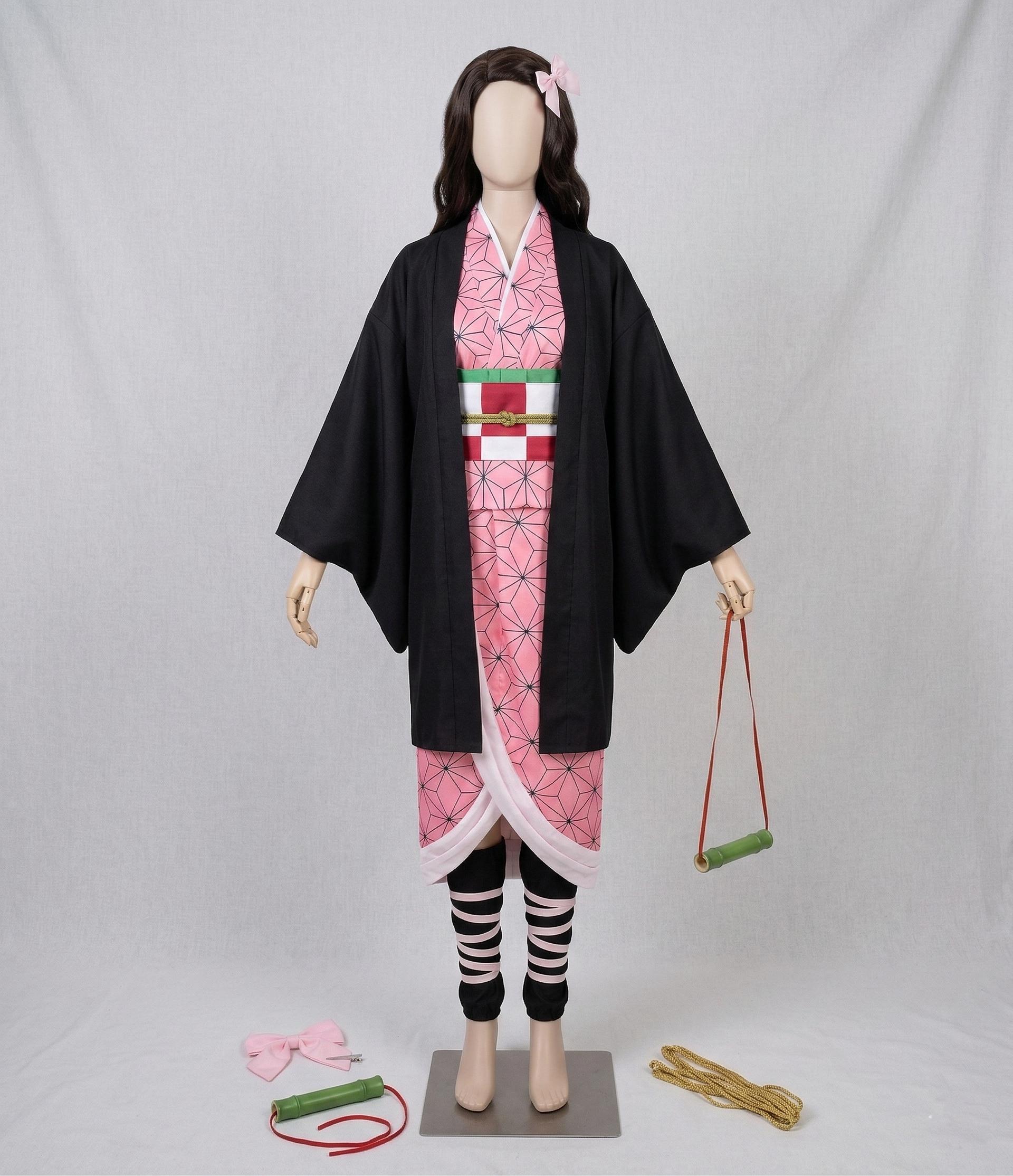 nezuko dress design Kamado Cosplay Costume - Full Set with Kimono, Haori, Bamboo Pipe & Leg Wrappings Bipasha Basu Hot Spicy CC new years eve dresses Halloween costume Enjoy the all Color:Champagne/Gold