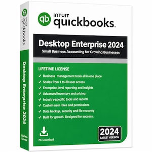 Puede incluir: Una caja de software QuickBooks Desktop Enterprise 2024 blanca y verde. La caja presenta el logotipo de Intuit QuickBooks, el nombre del producto y una lista de características que incluyen herramientas de gestión empresarial, acceso de usuario y copia de seguridad de datos. La última versión es 2024.