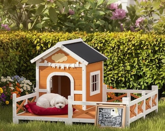 Groot houten hondenhok | Weerbestendige buitenoverkapping met veranda, te openen dak